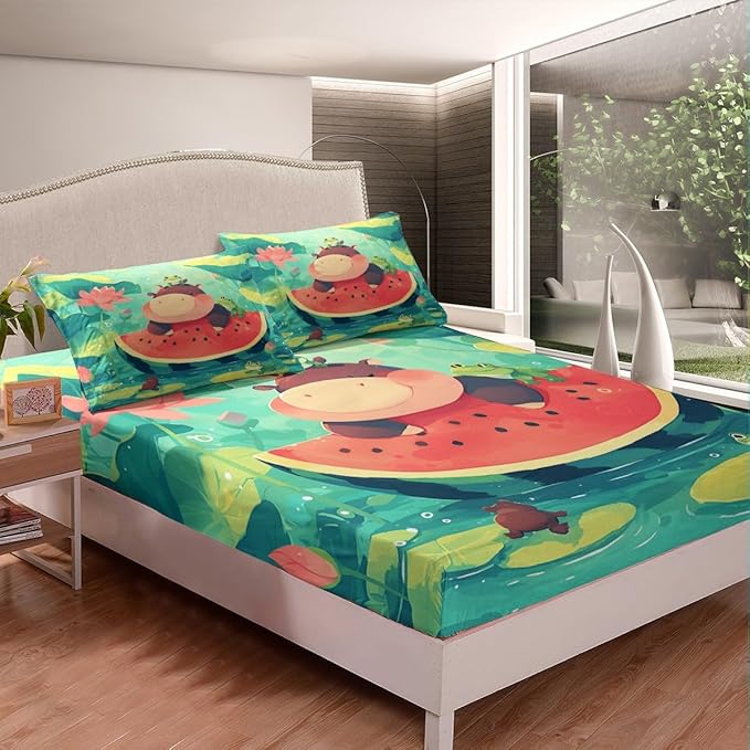 Cute Hippo Kids Fitted Sheet Twin Size,Watermelon Frog Lotus Leaves Bedding Set,Boys Girls Room Decor,Cartoon Hippopotamus Wild Animals Rustic Bed Cover,Red Green Bed Sheet,1 Pillowcase