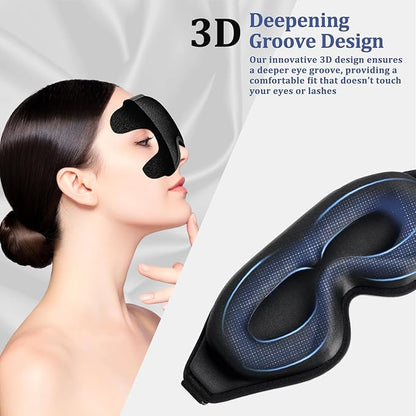 3D Deep Contoured Zero Pressure Sleep Eye Mask for Men & Women, Blackout Blindfold with Adjustable Strap for Travel, Home, Nap (Black)