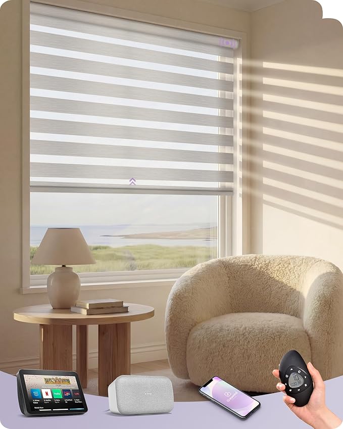 Graywind Motorized Blinds with Remote, Smart Zebra Shades for Windows, Roller Blinds Compatible with Apple Homekit, Alexa, Google Home, Custom Size, Wool-Like Black Gold