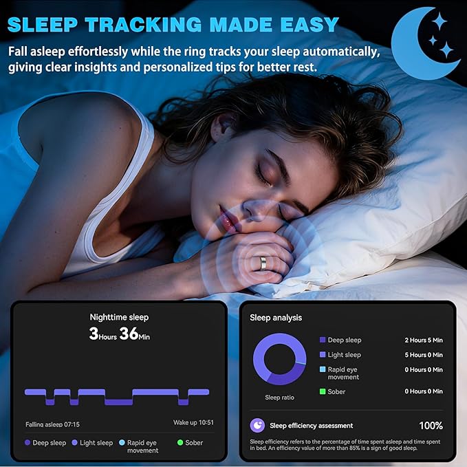 Smart Ring for Women Men, Health Fitness Tracker Ring, Sleep Monitoring with Charging Case, SpO2, Heart Rate, No Subscription Fee for iOS Android (Silver 7)