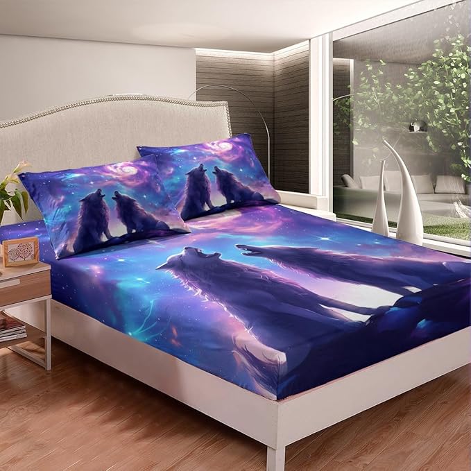 Wolf Kids Fitted Sheet Queen Size,Glitter Starry Sky Romantic Bedding Set,Boys Girls Room Decor,Wildlife Hunting Animal Adventure Rustic Bed Cover,Purple Bed Sheet,2 Pillowcases