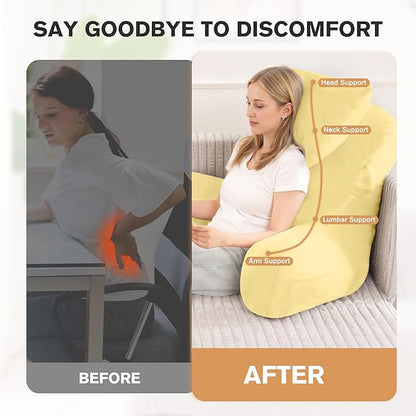 Portable Reading Pillows with Headrest for Bed Sitting Up(Yellow Oeko-Tex), Velvet Back Pillow with Arms & Pockets for Adults, Support Memory Foam Bed Pillow for Dorm/Reading/Watching/Gaming