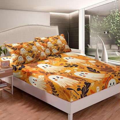 Halloween Ghosts Fitted Sheet Set with 2 Pillowcase,Cute Ghost Skull Graffiti Trippy Microfiber Mattress Cover,Rustic Farmhouse Botanical Leaves Orange Bed Cover Queen Size