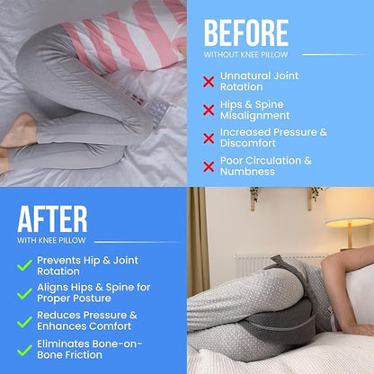 Knee Pillow for Side Sleepers Hip Pain - Between Leg Pillow for Side Sleeping - Sciatica Pain Relief Support for Lower Back, Knees, Joints, and Spine