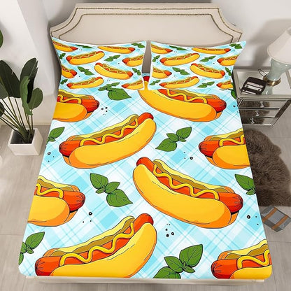 Manfei Fast Food Sheet Set Full Size, American Cartoon Hot Dog Hamburg Bedding Set for Kids Boys Girls Room Decor, Blue White Plaid Bed Sheet Set 4pcs (Fitted Sheet, Flat Sheet, 2 Pillowcases)