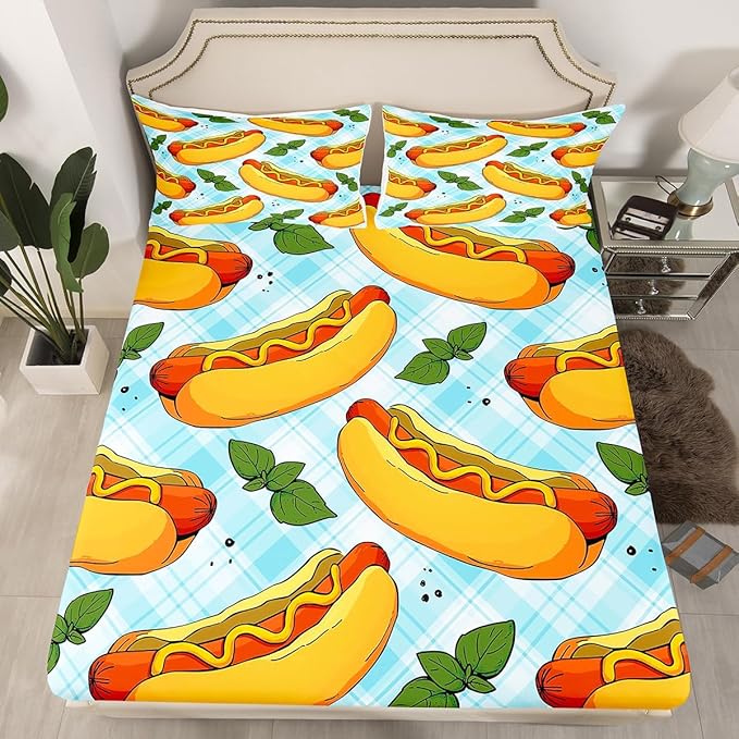 Manfei Fast Food Sheet Set Twin Size, American Cartoon Hot Dog Hamburg Bedding Set for Kids Boys Girls Room Decor, Blue White Plaid Bed Sheet Set 3pcs (Fitted Sheet, Flat Sheet, 1 Pillowcase)