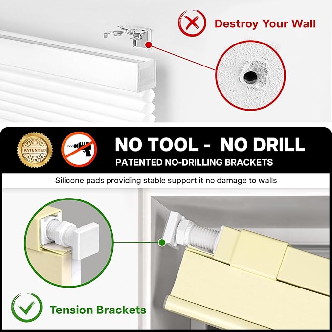 LazBlinds Cordless Cellular Shades, No Tools No Drill Light Filtering Honeycomb Shades Pleated Blinds for Windows, 34'' W x 64'' H, Alabaster