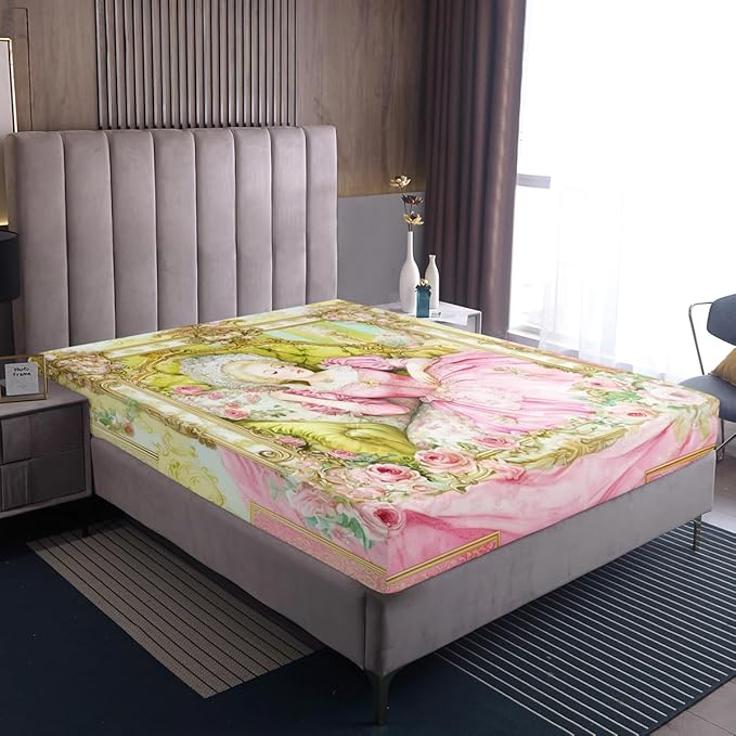 Princess Kids Twin Size Fitted Sheet,Roses Floral Castle Fantasy Boys Girls Bed Sheets,Vintage Romantic Fashion Room Decor,Pink Yellow Bedding Set,1 Pillowcase(No Flat)