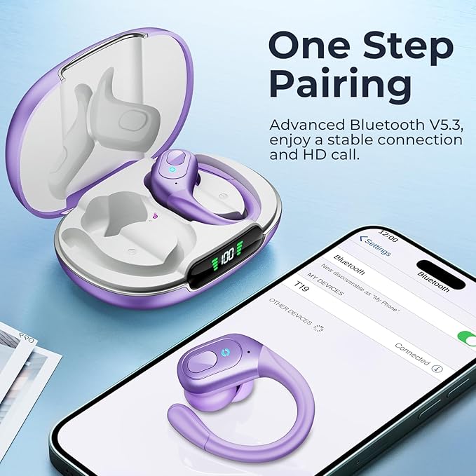 occiam Active Noise Cancelling Earbuds Wireless Bluetooth Headphones Ear Buds 90Hrs Playback Stereo Bass Earphones with Mic Over-Ear Hooks IPX7 Waterproof Headset for Work Sports Running Gym Purple