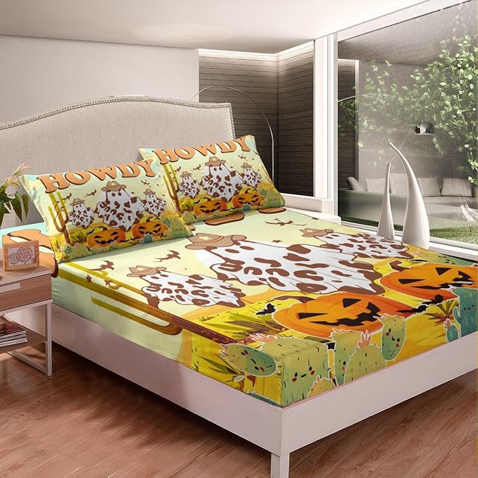 Western Ghost Fitted Sheet Twin Size,Rustic Desert Cactus Pumpkin Graffiti Bed Sheet with 1 Pillowcase,Retro Cowboy Hat Halloween Cute Ghost Soft Decorative Fabric Bedding,Room Gift