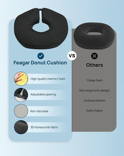 Feagar Donut Pillow for Tailbone Pain Relief - Hemorrhoid Pillow with Memory Foam for Coccyx, Sciatica, Pressure Sores, Office Chair Cushion for Pregnancy, Postpartum & Surgery Recovery(Black)