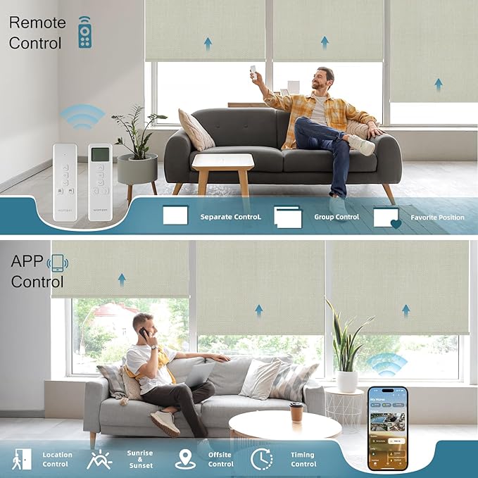 Motorized Roller Shade, 100% Blackout Smart Window Blinds Work with Homekit, Alexa, Google Home, Remote Control, Electric Blinds with USB/Solar Pannel Charging, Gentle Cream