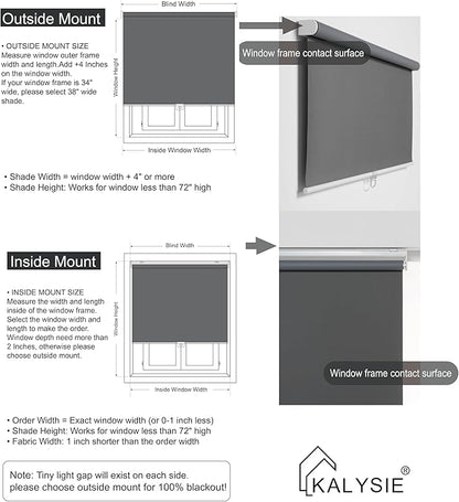 Cordless Roller Shades 100% Blackout Blinds for Windows and Doors, Pull Down Room Darkening Window Shades, Easy to Install for Home and Office, Grey, Fixed 75 Inches High, 73 Inches Width