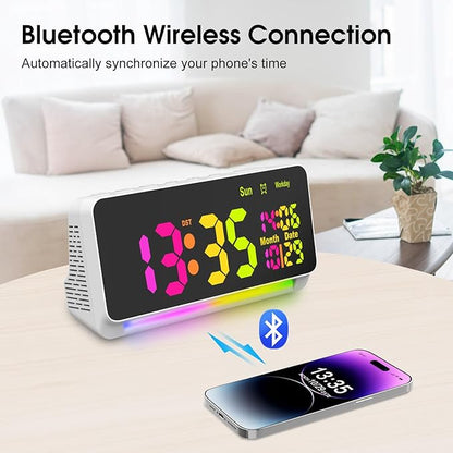 120db Super Loud Alarm Clock for Heavy Sleepers, Bluetooth Connection, 15 Wake Up Sounds, 7 Color Night Light, Dynamic RGB Color Changing, 0-100% Dimmer, Snooze, Digital Clock for Bedroom