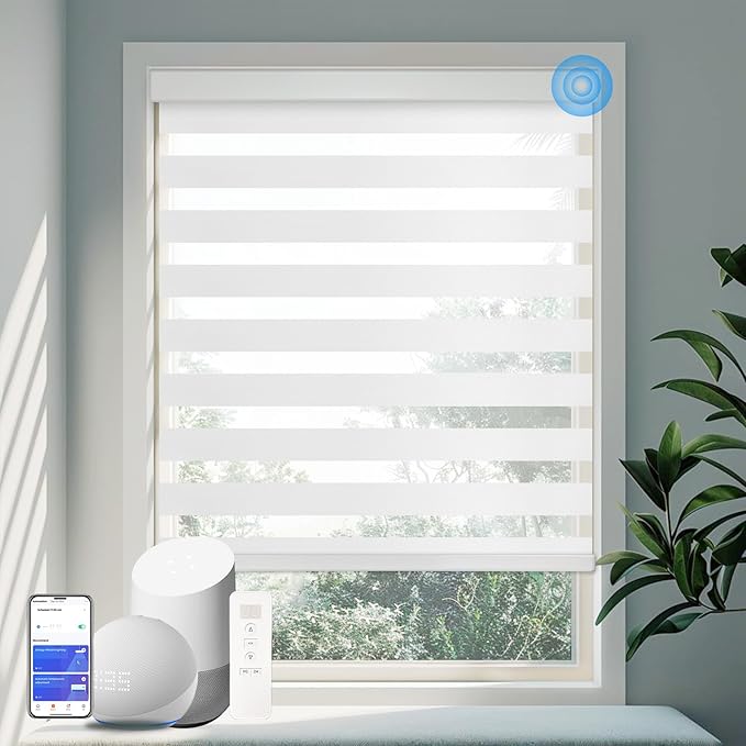 Motorized Zebra Blinds for Windows Cordless Electric Curtains with Remote Control Blackout Shades Custom Smart Blinds Compatible with Alexa Google Home(Light Filtering White,W55 X 72in)