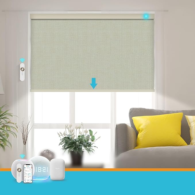Motorized Blinds with Remote, Smart Blind Roller Shades Compatible with Alexa, Durable Rechargeable Battery Solar Power Electric Window Blinds Motorized Shades Customized Size (3-layer Beige)