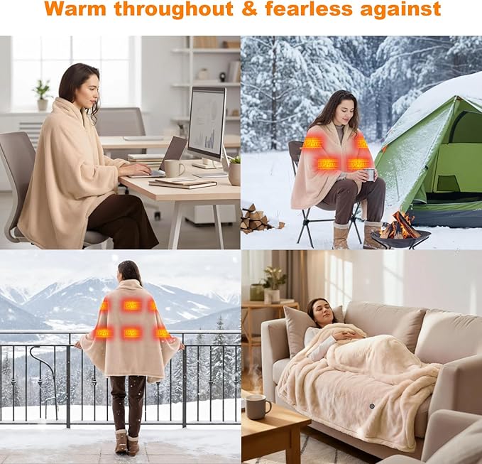 16000mAh Heated Blanket Battery Operated Soft Cordless Heated Blanket Shawl Portable Heated Throw Blanket Poncho Wraps Fast Heating with 3 Heat Levels 6 Heating Zones