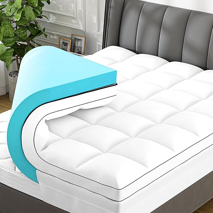 4 Inch Queen Mattress Topper Dual Layer, 2 Inch Gel Memory Foam Plus 2 Inch Cooling Pillow Top Mattress Pad Cover for Back Pain, with 8-21 Inch Deep Pocket