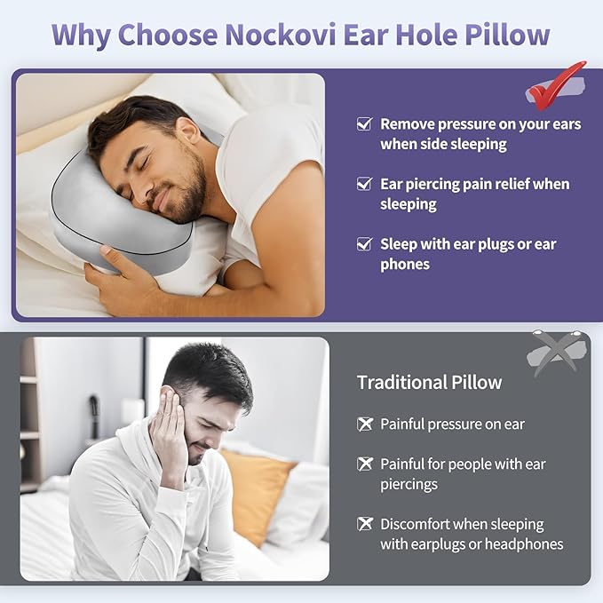 Gray Orthopedic Ear Piercing Pillow - Side Sleeper Support with 3.5" Ear Hole Relief, Hypoallergenic Pillow for Healing Piercings