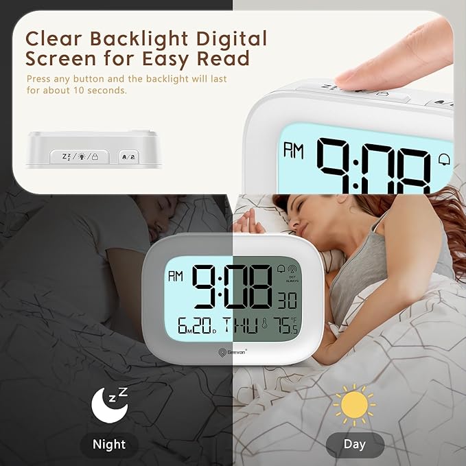 Geevon Small Digital Atomic Alarm Clock for Bedroom, Portable Battery Operated Travel Desk Clock for Heavy Sleepers, with 10s Backlight, Temperature, 3 Inch Display, White