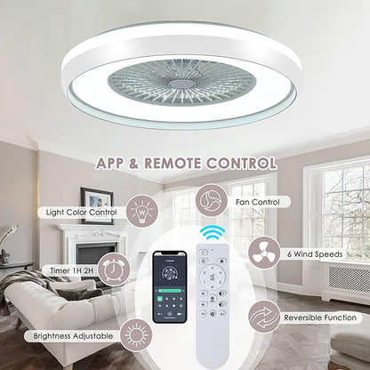 24" Bladeless Ceiling Fan with Light Remote, Smart LED Ceiling Fans with App Control, Modern Low Profile Dimmable Light Ceiling Fan for Bedroom Living Room White