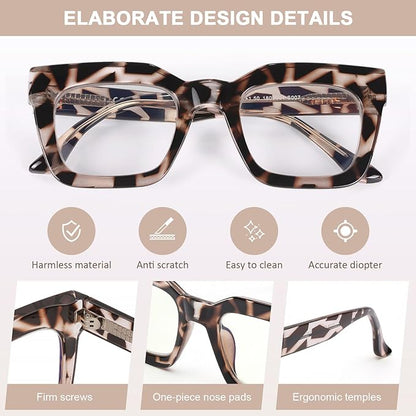 AQWANO Stylish Oversized Reading Glasses for Women Fashion Designer Readers Blue Light Square Computer Glasses