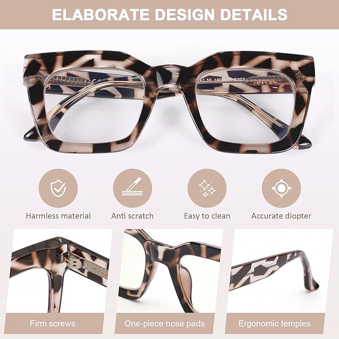 AQWANO Stylish Oversized Reading Glasses for Women Fashion Designer Readers Blue Light Square Computer Glasses