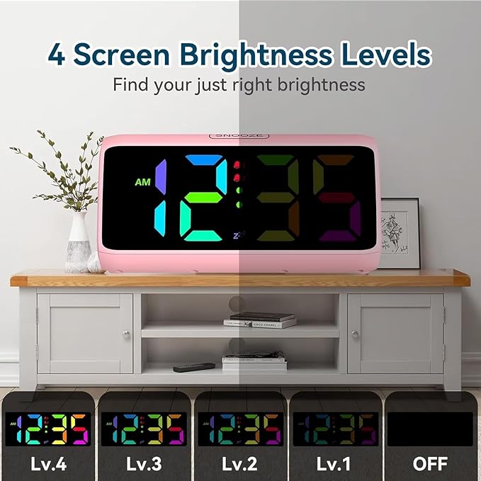 Netzu Loud Alarm Clock for Heavy Sleepers, Plug-in RGB Vibrating Alarm Clocks with Bed Shaker, 5 Dimmers, 2 Alarms and Snooze for Bedrooms Hearing Impaired Deaf Adults Pink