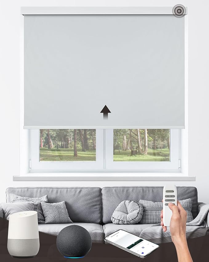 AIVIDIG Motorized Roller Automatic Shade with Remote Control, 100% Blackout Electric 21-110” Width Blinds for Windows with Alexa Google Home, Rechargeable Smart Customized Size（Waterproof-Light Grey）
