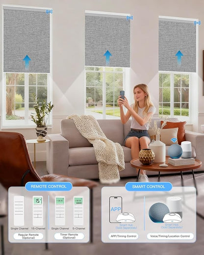 Motorized Roller Shade with Remote Control, Blackout Electric Shade for Windows Compatible with Alexa Google via Hub, Rechargeable Smart Window Blind Customized Size (Fabric Grey)