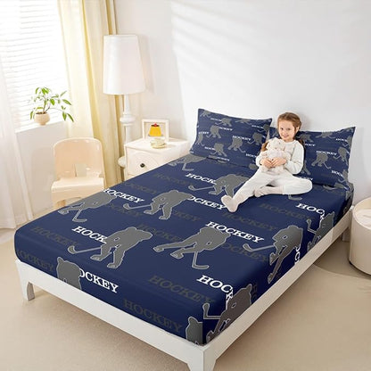 Manfei Hockey Players Kids Sheet King Size, Easy Wash Bedding Set,Competitive Games Teamwork Boys Girls Room Decor,Dark Blue Gray Sheet(Fitted+Flat+2 Pillowcases)
