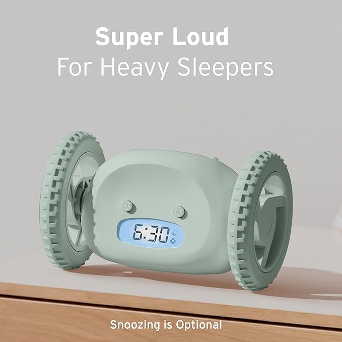 CLOCKY Alarm Clock on Wheels – Loud Rolling Alarm Clock for Heavy Sleepers | Runaway Clock That Jumps & Runs to Wake You Up | Funny Unique Gift for Adults, Teens & Kids Bedrooms (Sage)
