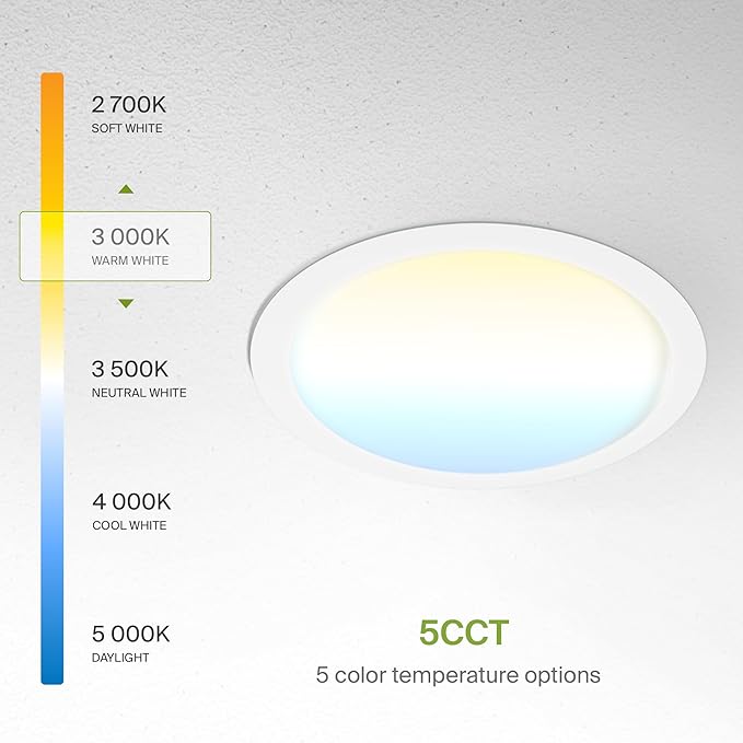 ASD 4 Pack 11/12 Inch LED Recessed Lighting 24W, 5 CCT 2700K-5000K CRI90+, IC Rated Ultra Thin Dimmable Ceiling Lights with J Box, Canless Wafer Downlight, Round Slim Panel Light, UL Listed, White