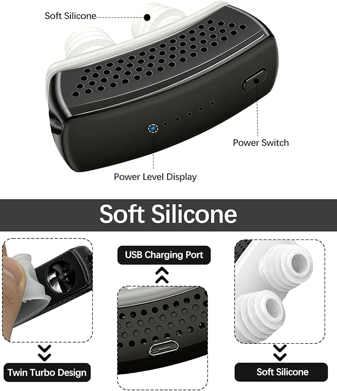 Anti Snoring Devices, Electric Snoring Solution with Adjustable Security Strap, Adjustable 6-Speed, Universal Fit for All Nose Shapes, Portable Sleep Apnea Devices for Men & Women (Charcoal Black)