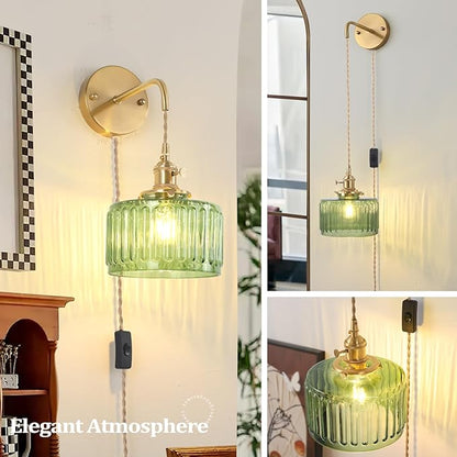 Vintage Wall Sconce with Green Striped Glass Shade Hanging Wall Sconce with 4.9FT Plug in Cord, Modern Wall Lamp Fixtures Decor for Bedside Bedroom Indoor Doorway, Set of 2