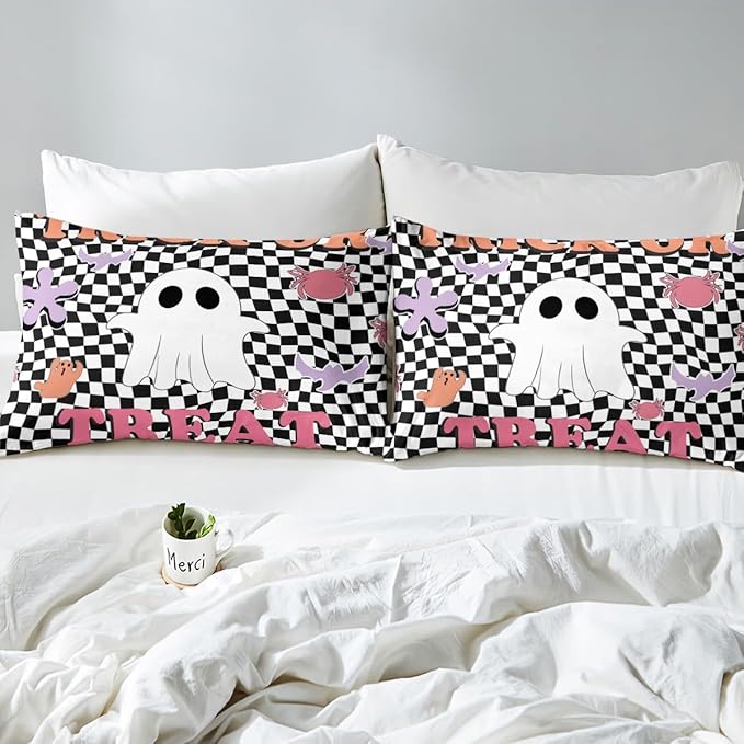 Halloween Fitted Sheet Queen Size,Cartoon Ghost Spider Bat Silhouette Soft Bed Cover(1 Fitted Sheet+1 Pillow Case),Trick or Treat Retro Black White Plaids Patchwork Breathable Mattress Cover