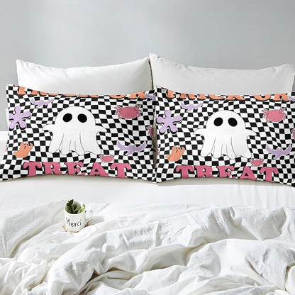 Halloween Fitted Sheet Queen Size,Cartoon Ghost Spider Bat Silhouette Soft Bed Cover(1 Fitted Sheet+1 Pillow Case),Trick or Treat Retro Black White Plaids Patchwork Breathable Mattress Cover