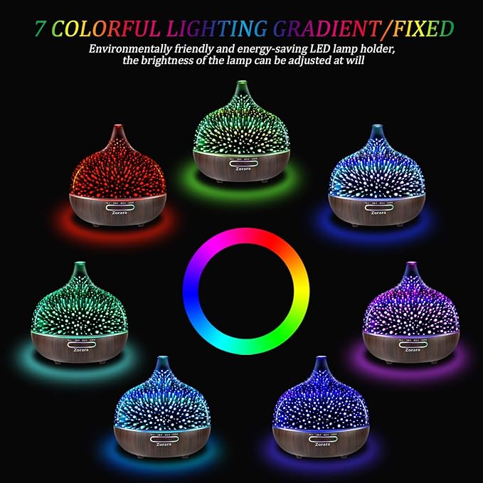 Essential Oil Diffuser 550ml Cool Mist Humidifier 3D Glass Ultrasonic Aromatherapy Humidifier with 7 Color Changing Led Lights, Waterless Auto Shut-Off, Adjustable Timer for Home Bedroom Office