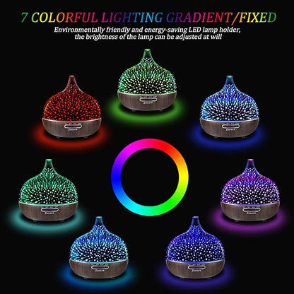 Essential Oil Diffuser 550ml Cool Mist Humidifier 3D Glass Ultrasonic Aromatherapy Humidifier with 7 Color Changing Led Lights, Waterless Auto Shut-Off, Adjustable Timer for Home Bedroom Office