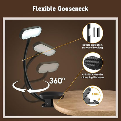 Clip-On Book Light for Reading at Night -Rechargeable 14 LEDs with 3 Color Modes & Stepless Dimming Brightness, Eye-Care, USB-C Charging, 70-Hour Runtime, 360° Flexible Gooseneck