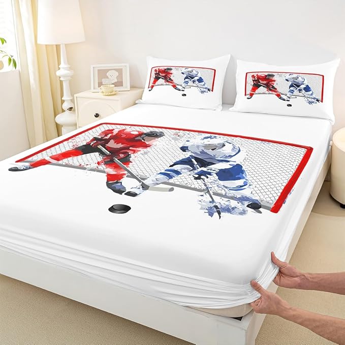 Hockey Sheet Set Full - Ice Sports Bedding for Kids Teens Room Decor, Abstract Player Theme Red White Blue 4pcs With Deep Pocket Fitted Sheet, Flat Sheet, 2 Pillowcases