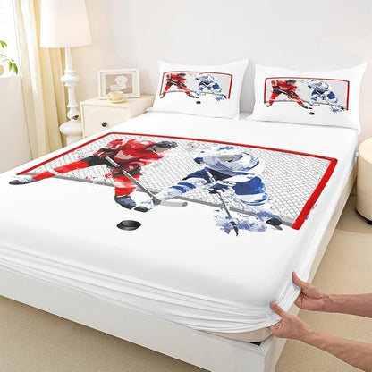 Hockey Sheet Set Full - Ice Sports Bedding for Kids Teens Room Decor, Abstract Player Theme Red White Blue 4pcs With Deep Pocket Fitted Sheet, Flat Sheet, 2 Pillowcases
