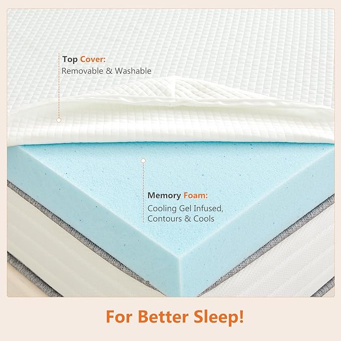 Sweetcrispy Mattress Topper Full with Removable Soft Cover, Memory Foam 3 Inch Thick Gel Infused Cooling Toppers Pad for Full Size Bed, Sleeper Sofa, RV, Camper, CertiPUR US Certified