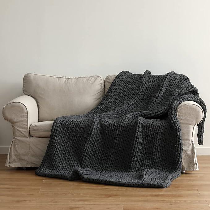 YnM 100% Cotton Weighted Blanket, Handmade Chunky Knitted Throw, No fillers Design, Soft and Breathable, Machine Washable Bed Blanket for Sleep or Home Decor (Dark Grey, 48x72 Inch, 20lbs)