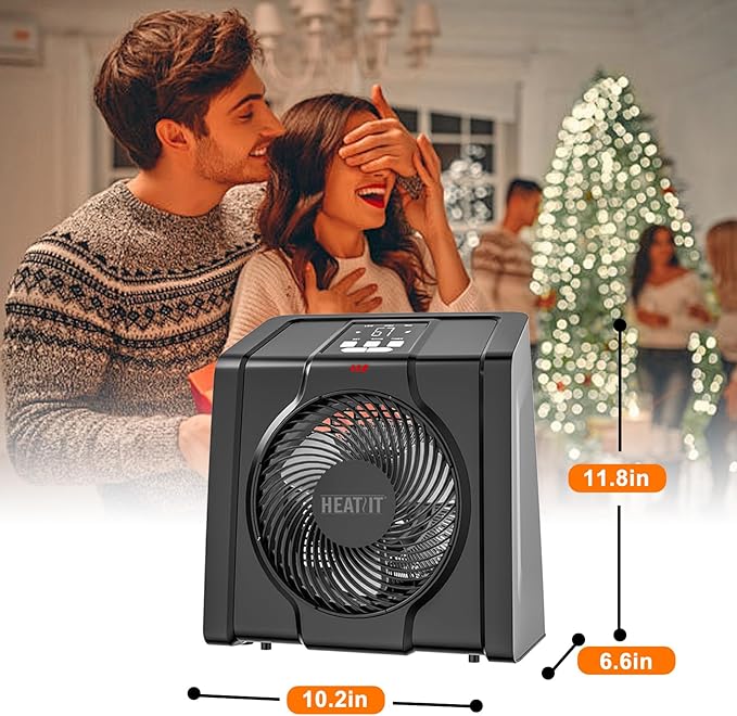 HEATIT Space Heater with Remote for Indoor, Digital Display with Thermostat，Containing Plasma & Ozone, 1-12H Timer,1500W/750W, Electric Space Heater for Office, Bedroom,Black,10.6"Dx7.0"W x 11.8"H