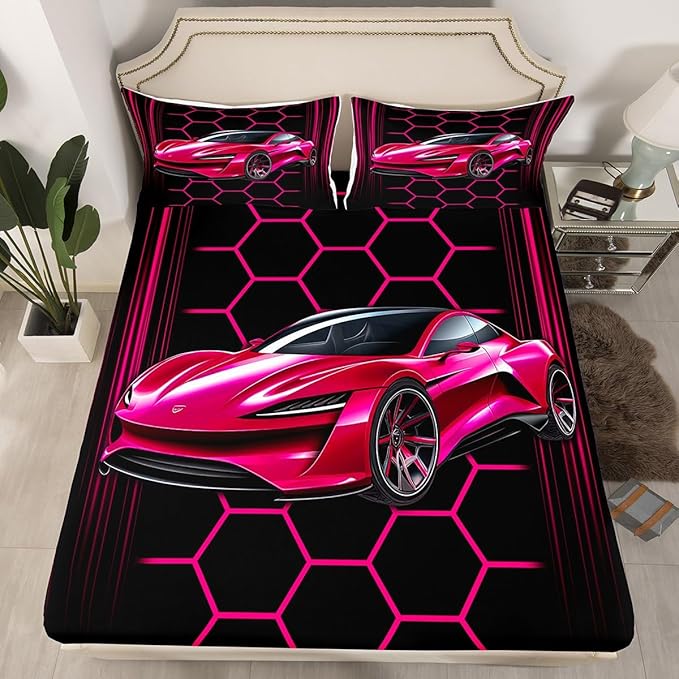 Sports Car Bed Sheet Set Home Decor Pink Race Car Sheet Sets Deep Pocket,Neon Lines Geometric Honeycomb Mattress Cover,Twin Size with 1 Pillowcase
