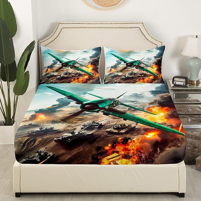 War Theme Kids Fitted Sheet Queen Size,Warplane Aviation Aircraft Tank Bedding Set,Boys Men Room Decor,Army Airplanes Tanks Bed Cover,Green Brown Bed Sheet,2 Pillowcases