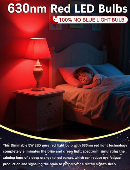 630nm Red Sleep Bulb Dimmable, 100% Blue Light Blocking, Promotes Melatonin Production, E26 A15 LED 5W Red Dim Night Light for Baby's Bedroom, Sleeping, 4Pack