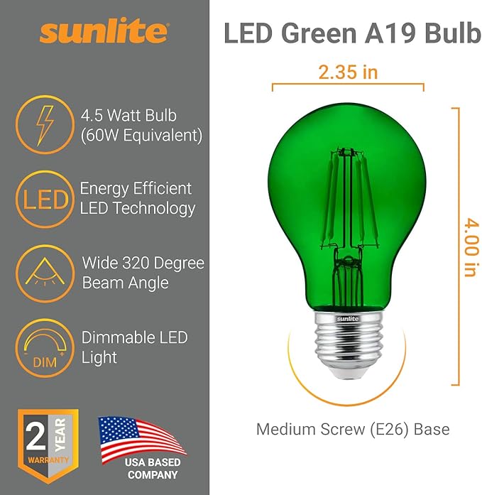Sunlite 81083 LED Colored Filament A19 Light Bulb, 4.5 Watts, Medium E26 Base, 120 Volts, Transparent Green, Dimmable, 320 Degree Beam Angle, UL Listed, 2 Count