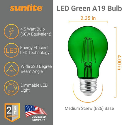 Sunlite 81083 LED Colored Filament A19 Light Bulb, 4.5 Watts, Medium E26 Base, 120 Volts, Transparent Green, Dimmable, 320 Degree Beam Angle, UL Listed, 2 Count